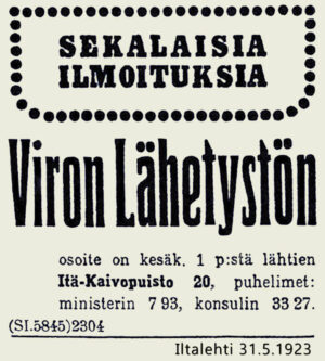 Viron lähetystön muuttoilmoitus 31.5.1923
