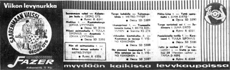 Saarenmaan valssin ensimmäinen lehtimainos 19.7.1957