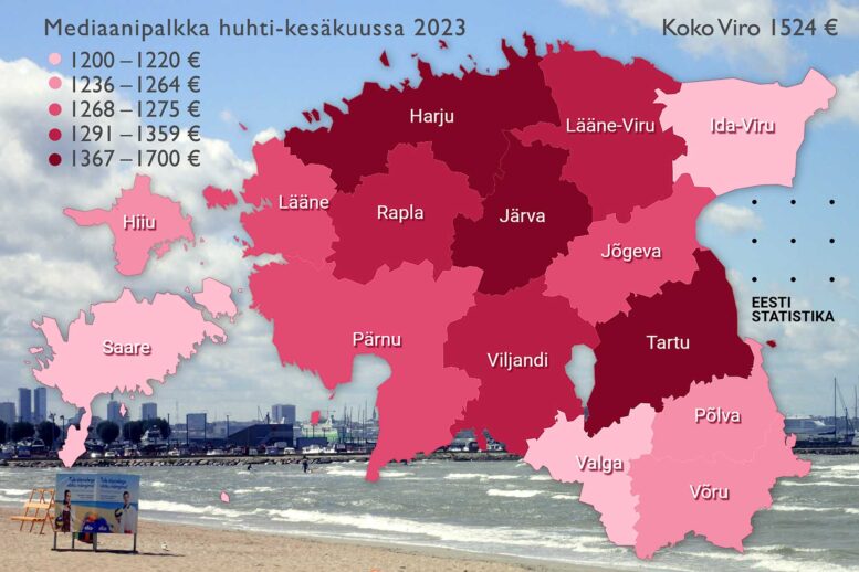 Viron mediaanipalkat maakunnittain huhti-kesäkuussa 2023, Statistikaamet