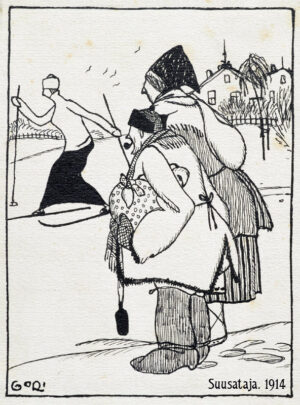 Gorin pilapiiroksessa kihnulaiset kohtaavat kaupungissa hiihtäjän. Vuodelta 1914 kuten otsikon valokuva – Eesti Kunstimuuseum